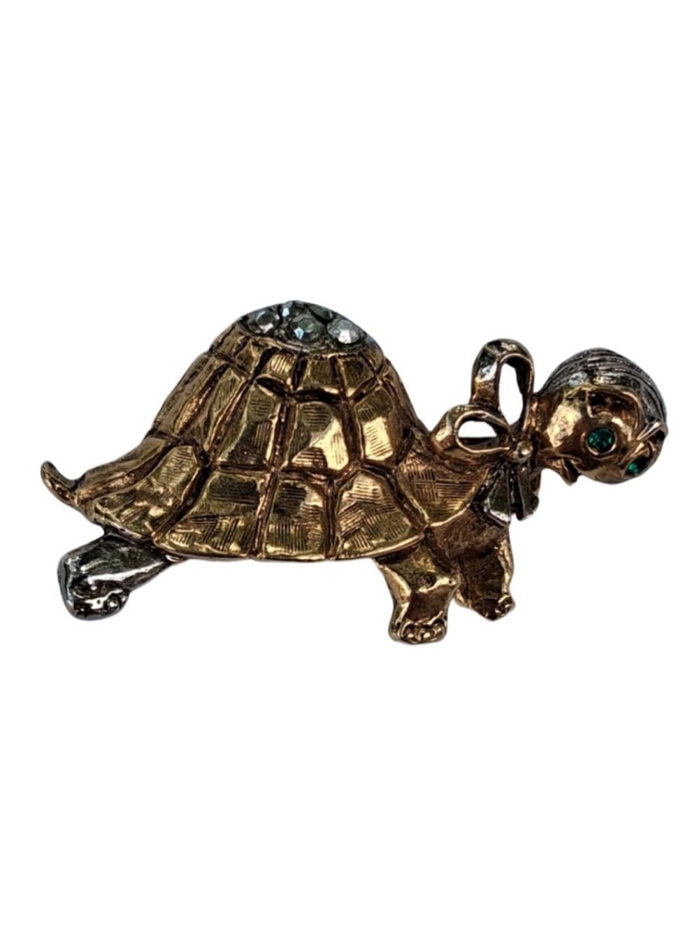 Vintage ART Turtle Brooch Pin Hematite Rhinestone Eye Gold Tone Textured Mod